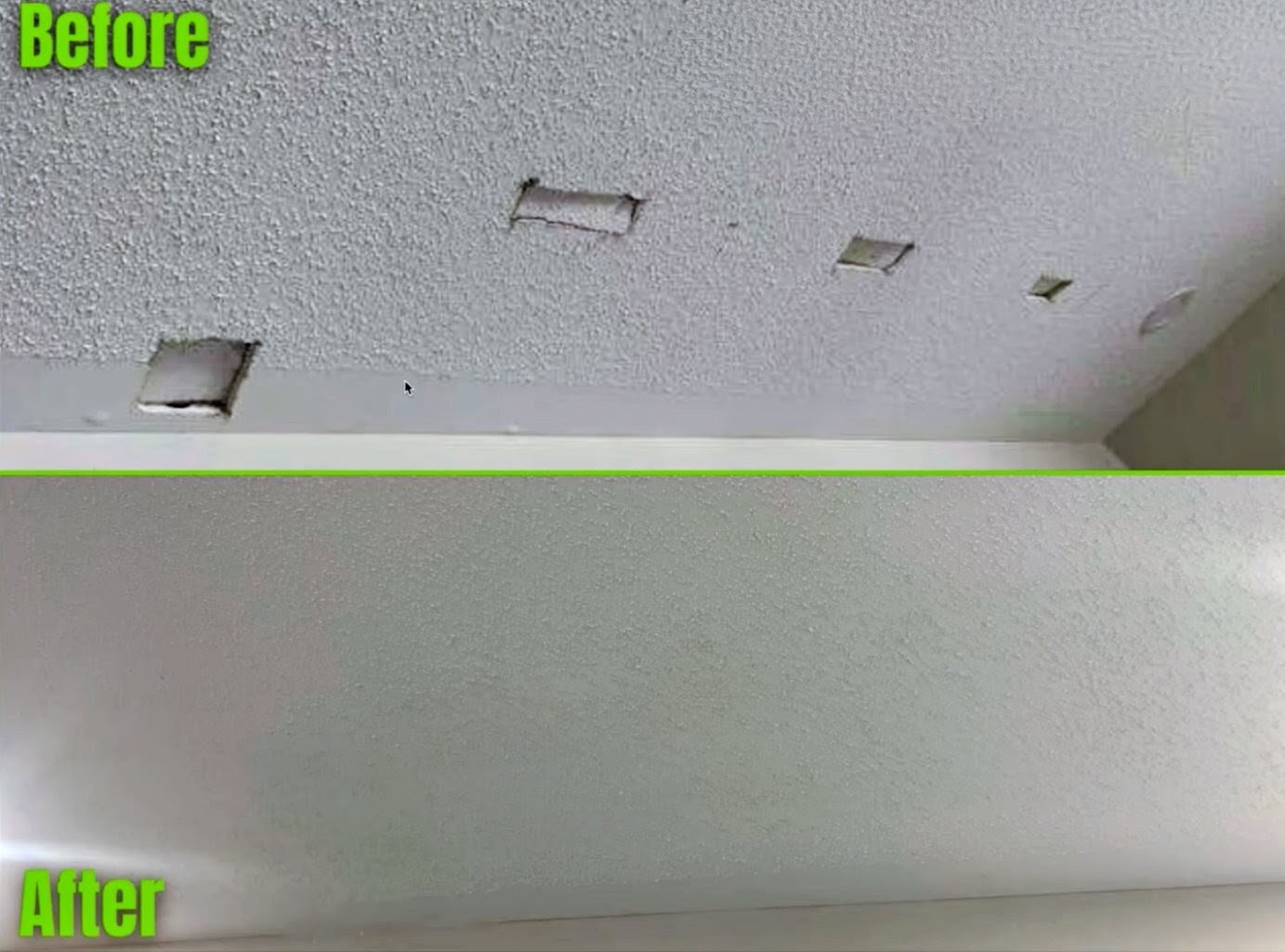 Before and after: popcorn ceiling holes patched and finished smooth
